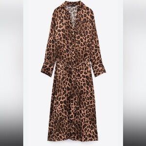 Zara Brown Leopard Print Long Sleeve Midi Dress